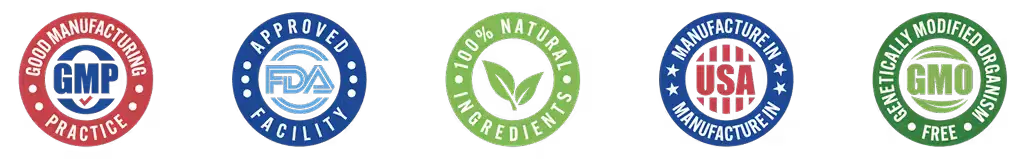 Balmorex Pro certifications: GMP certified, FDA-registered facility, 100% natural, Made in USA, Clinically tested ingredients