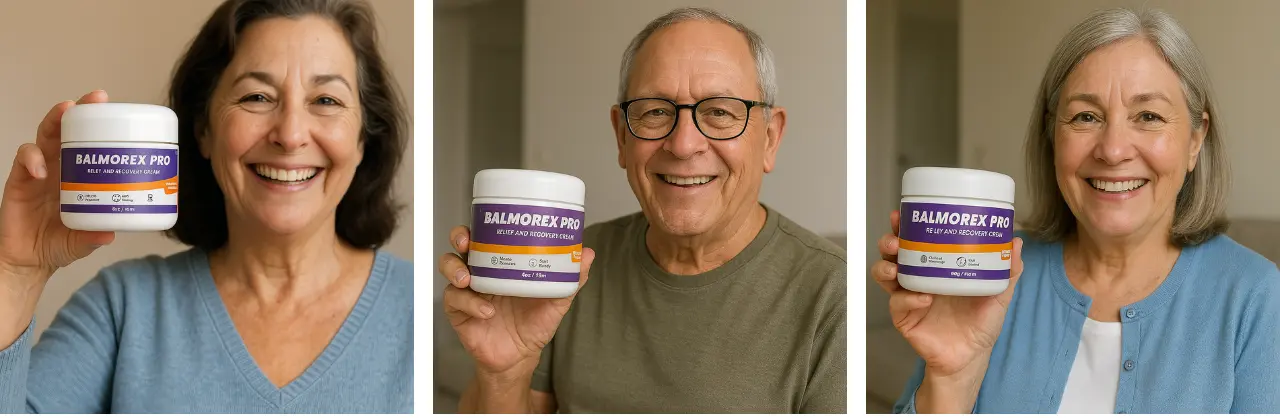 Three Balmorex Pro customers holding jars